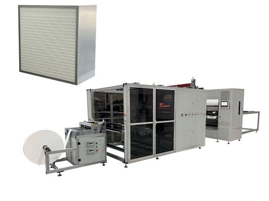 Línea de producción modular de plegado de filtros de fibra de vidrio controlada por PLC para sistemas de ventilación industrial con personalización flexible